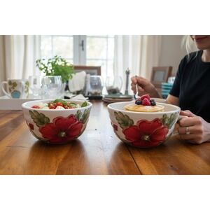 Maxcera Cream Poppies Cereal Bowls Set of 2 White Red Very Good Floral Ceramic
